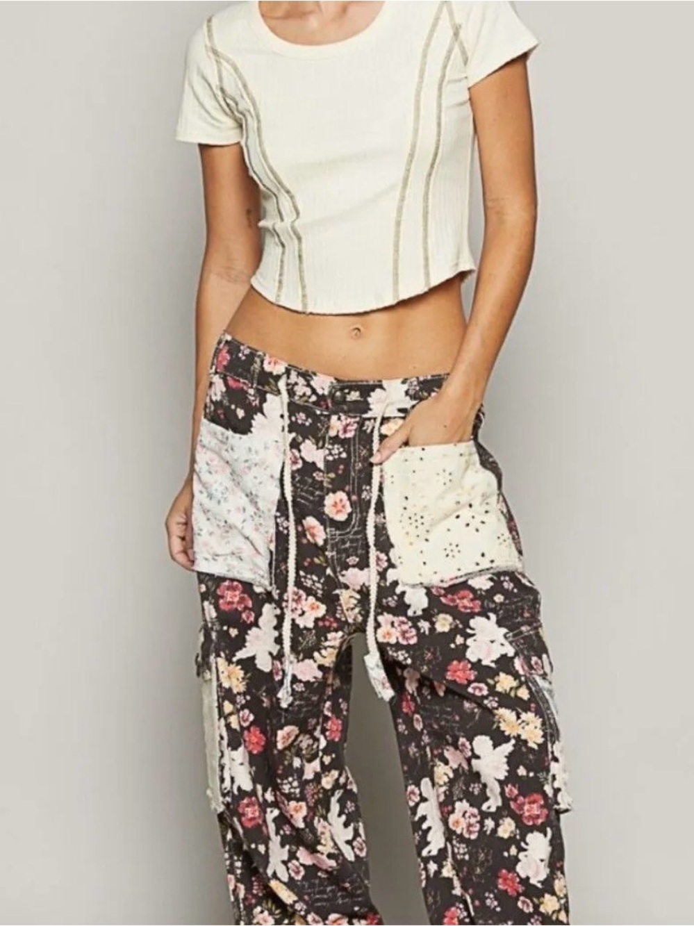 POL Black Floral Patchwork Eyelet Angel Motif Denim Jeans/Joggers size Small